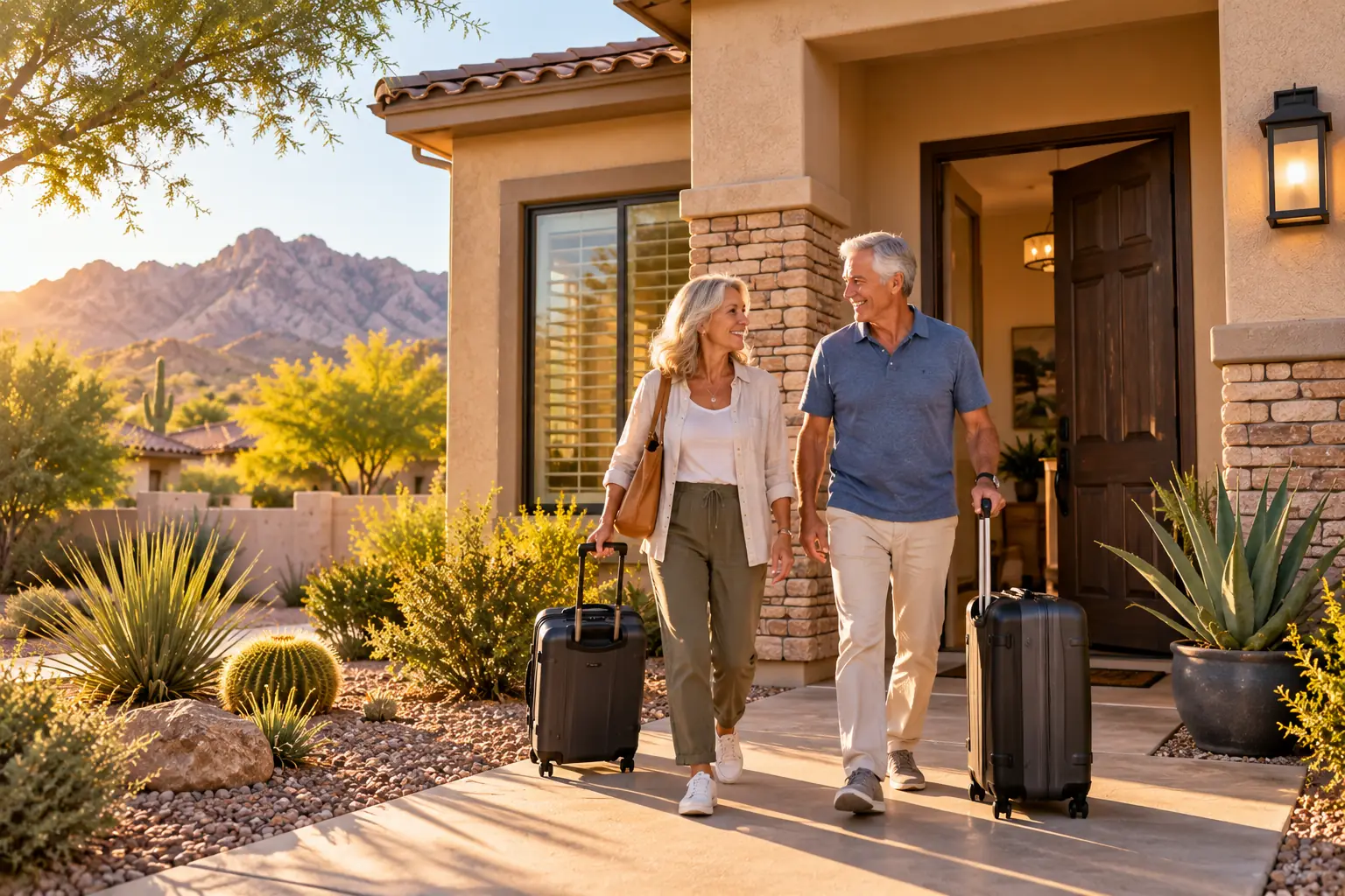 A smiling couple walking out the front door of their Surprise, Arizona home with rolling suitcases, heading out on a trip