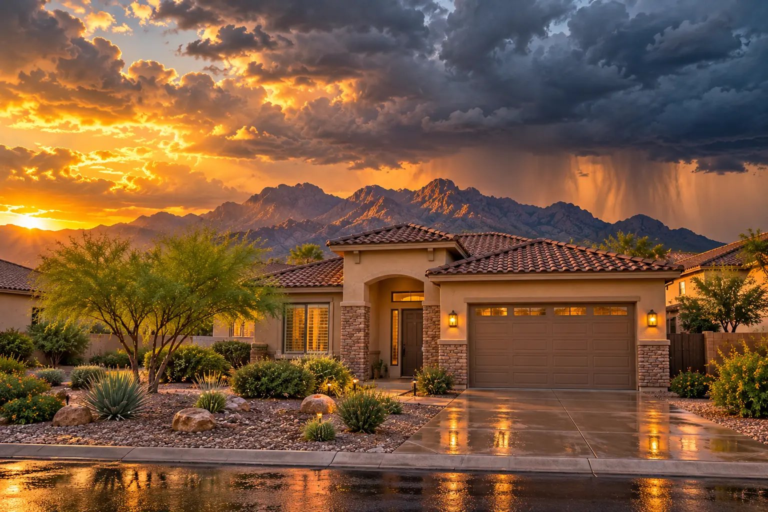 Dark monsoon storm clouds and rain over the mountains behind a Surprise, Arizona home with a wet driveway at sunset