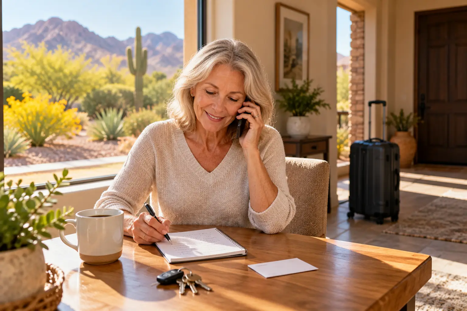 A homeowner on the phone at her kitchen table, writing notes on a notepad with house keys beside it and a packed suitcase by the door